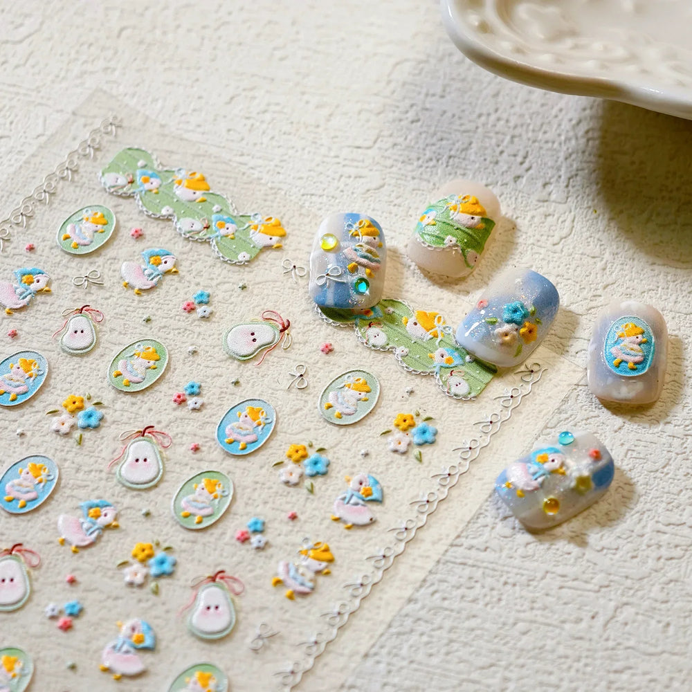 Cute Duck Pear Bowknot Mini Flower Duckling Line Bow Photo Frame Seal Stamp Figure Self Adhesive Nail Art Sticker Manicure Decal (ONLINE ORDER ONLY)