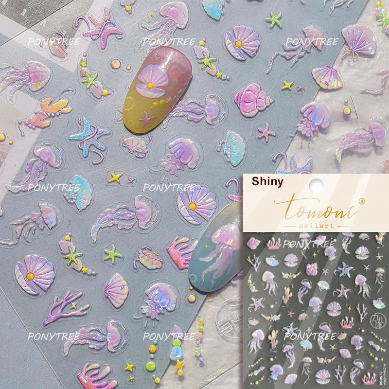Halo Dyeing Ocean Shell Conch Starfish Pearl Love Heart Bowknot Jellyfish Adhesive Nail Art Stickers Manicure Decals Wholesale (ONLINE ORDER ONLY)