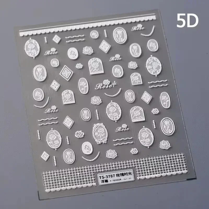 Chic Retro Rose Photo Frame Dried Flower Petal Self Adhesive Nail Art Stickers 5D Hot Stamping Relief Rhinestone Manicure Decals (Online Order Only)