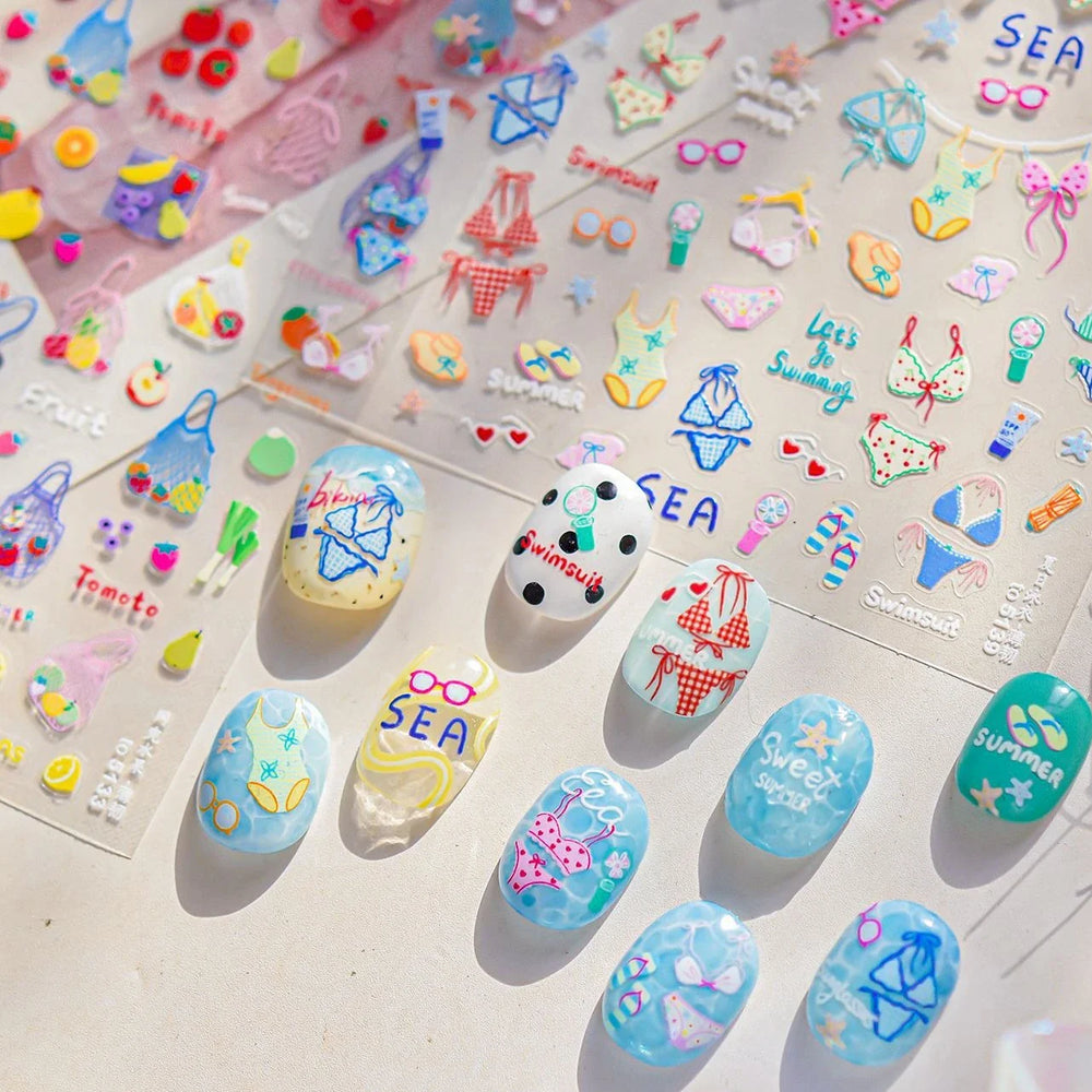 Colorful Swimsuit Bikini Fresh String Bag Vegetables Fruits Summer Beach Underwear Sunscreen Nail Art Stickers Manicure Decals (ONLINE ORDER ONLY)