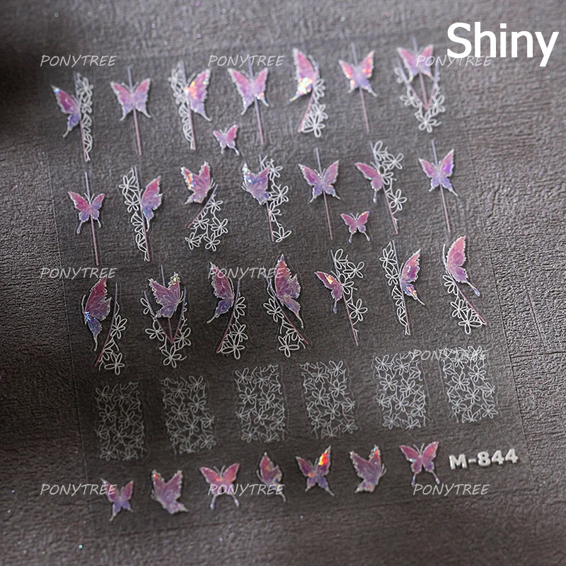 Chic Butterfly Flower Lily Lilium Narcissus Line Beautiful Blue Pearl Self Adhesive Nail Art Stickers Decorations Manicure Decal (Online Order Only)