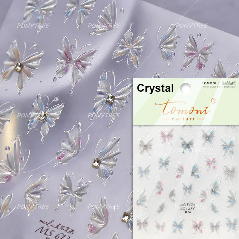 Delicate Dreamy Petal Star Tulip Flower Purple Bowknot Butterfly Illusion Chic Relief Adhesive Nail Art Stickers Manicure Decals (Online Order Only)