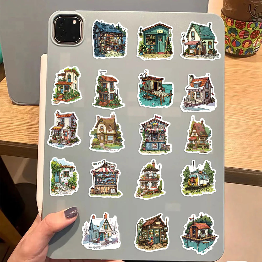 50pcs Vintage Retro Small House Stickers For Scrapbook Phone Laptop Guitar Stationery DIY Waterproof Sticker Decals Kids Toy (Online Order Only)