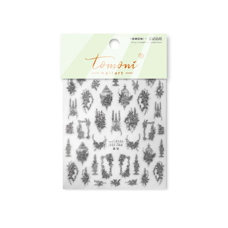 Retro Candlestick Holder Rose Rambler Birdcage Photo Frame Lace Self Adhesive Nail Art Sticker Charm Rhinestone Manicure Decal (Online Order Only)