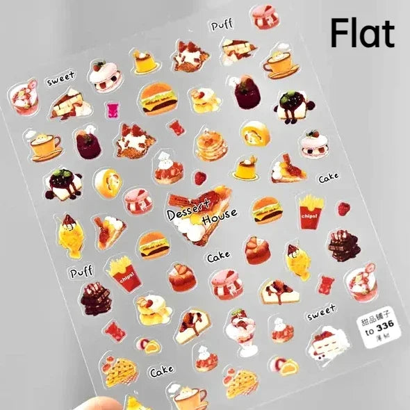 Chic Cute Cheese Ice Cream Pudding Bowknot Strawberry Muffin Stars Cake Embossed Heart Adhesive Nail Art Sticker Manicure Decals (ONLINE ORDER ONLY)