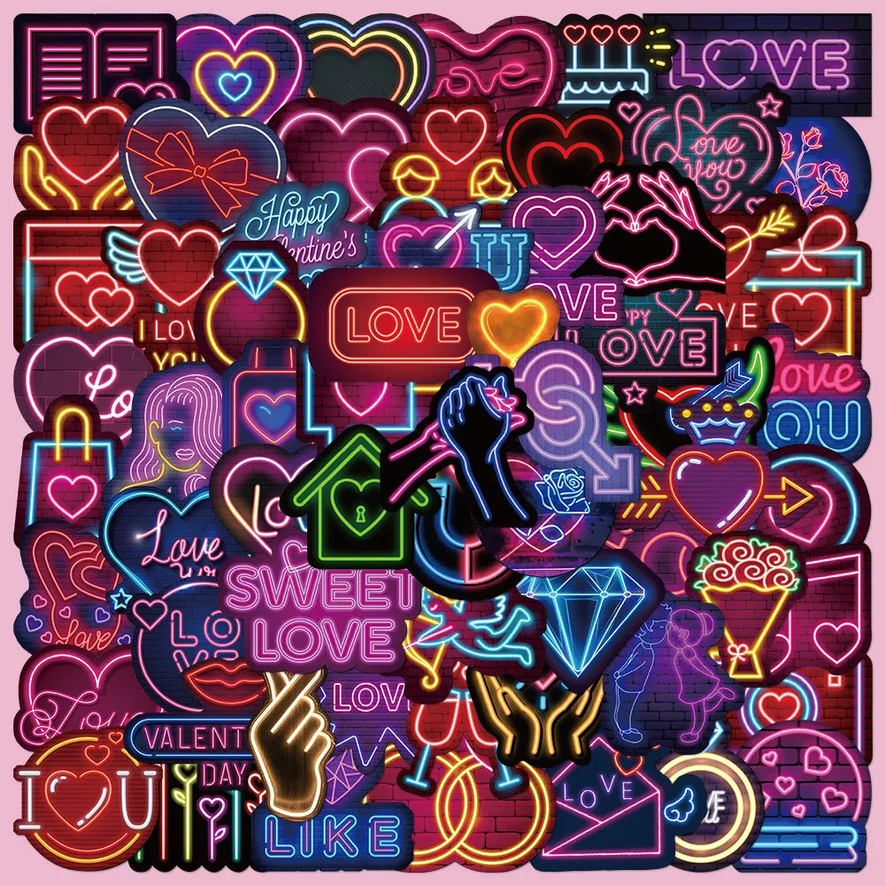 64 Neon Love Graffiti Stickers for Helmet, Desktop, Wall Decoration, DIY (Online Order Only)