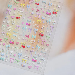 Doodle Pink Blue Ribbon Bowknot Flower Cherry Strawberry Graffiti Love Heart Delicate Embossed Nail Art Sticker Manicure Decals (ONLINE ORDER ONLY)