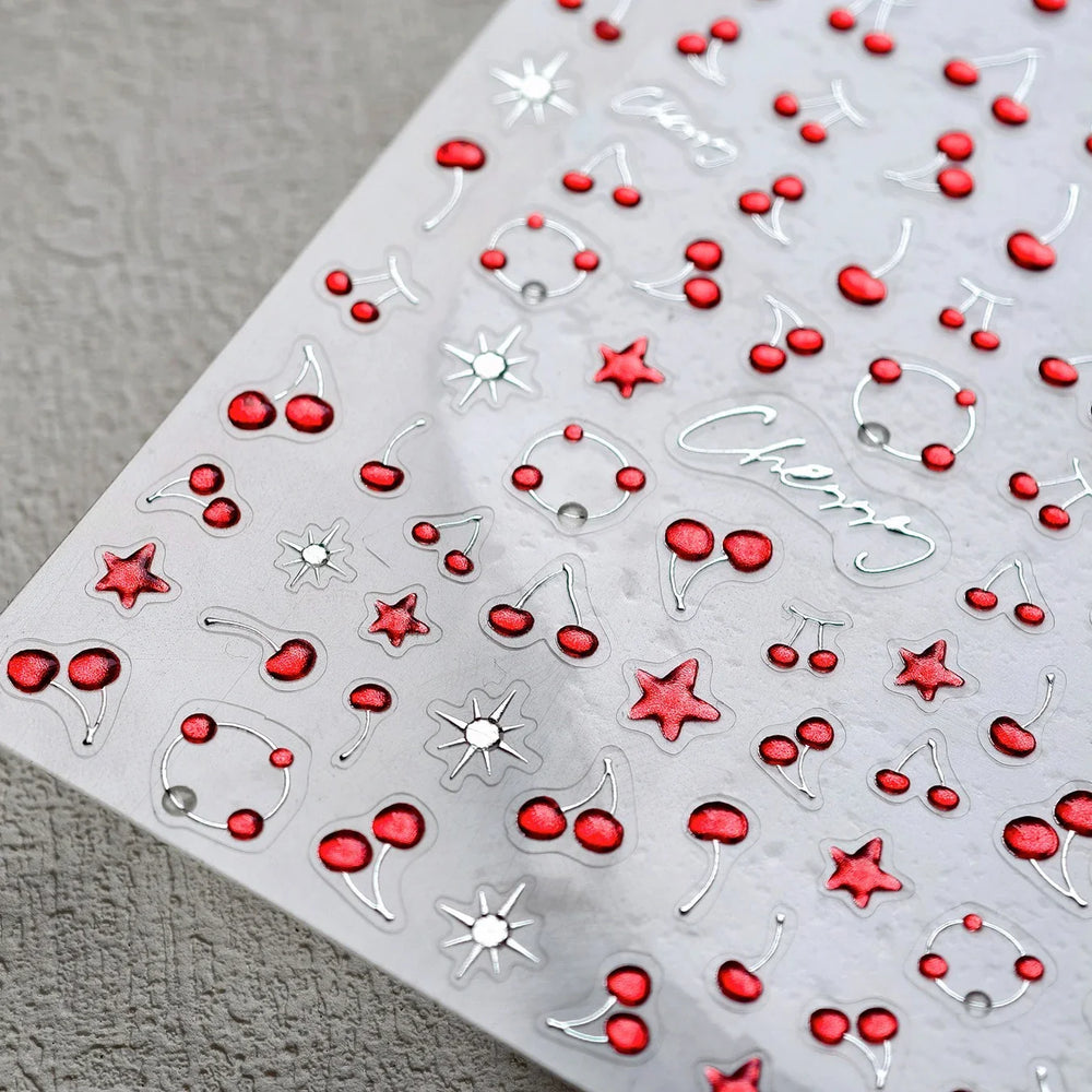 Lovely Mini Red Cherry Jelly Star Sun Fruit Charming Silver 3D 5D Self Adhesive Nail Art Stickers Cute Manicure Decals Wholesale (ONLINE ORDER ONLY)