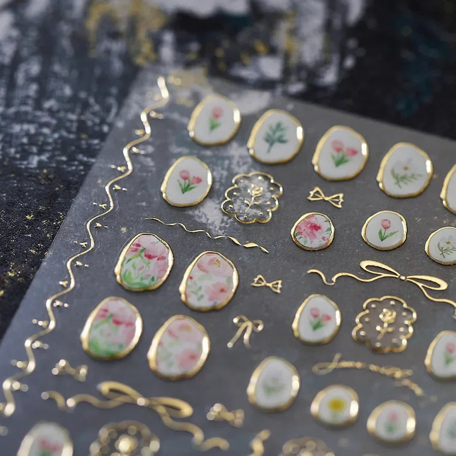 Hot Stamping Jelly All Tulips Garden Flower Bowknot Wave Lace Line Golden and Radiant Adhesive Nail Art Stickers Manicure Decals (ONLINE ORDER ONLY)