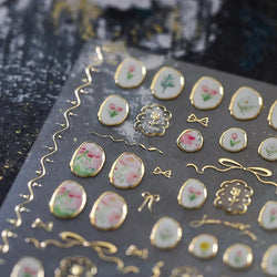 Hot Stamping Jelly All Tulips Garden Flower Bowknot Wave Lace Line Golden and Radiant Adhesive Nail Art Stickers Manicure Decals (ONLINE ORDER ONLY)