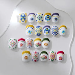 Pink Blue Yellow Embroidery Totems Geometric Floral Pattern Flower 5D Embossed Nail Art Stickers Bohemian Style Manicure Decals (ONLINE ORDER ONLY)
