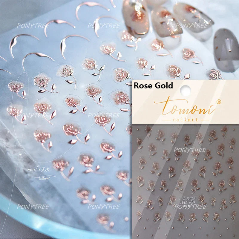 Oil Painting Style Rose Camellia Flower Vase Romantic Candle Holder Bowknot Embossed Adhesive Nail Art Stickers Manicure Decals (ONLINE ORDER ONLY)