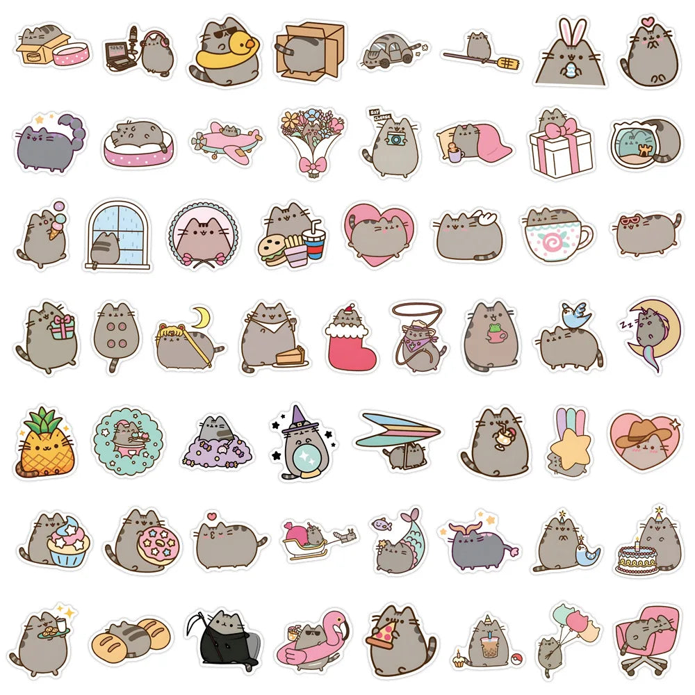 10/30/55/110PCS Cute Pusheen Stickers Cartoon Cat Decals Kawaii Animation Sticker Laptop Phone Guitar Bike Skateboard Kids Toys (Online Order Only)