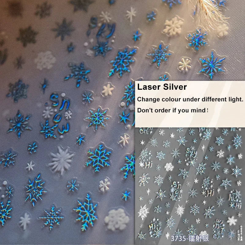 Dressy Embossment Colorful Gradient Snowflakes Laser Silver Christmas Tree Winter Bowknot Santa Nail Art Stickers Manicure Decal (Online Order Only)