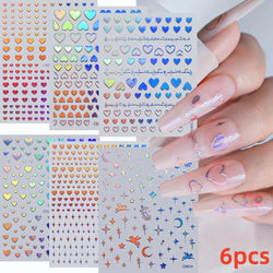 6pcs Mirror Silver Star 3D Nail Sticker Holographic Heart/Moon/Cross Design Self-Adhesive Decal Manicure Art Supplies Decoration (ONLINE ORDER ONLY)