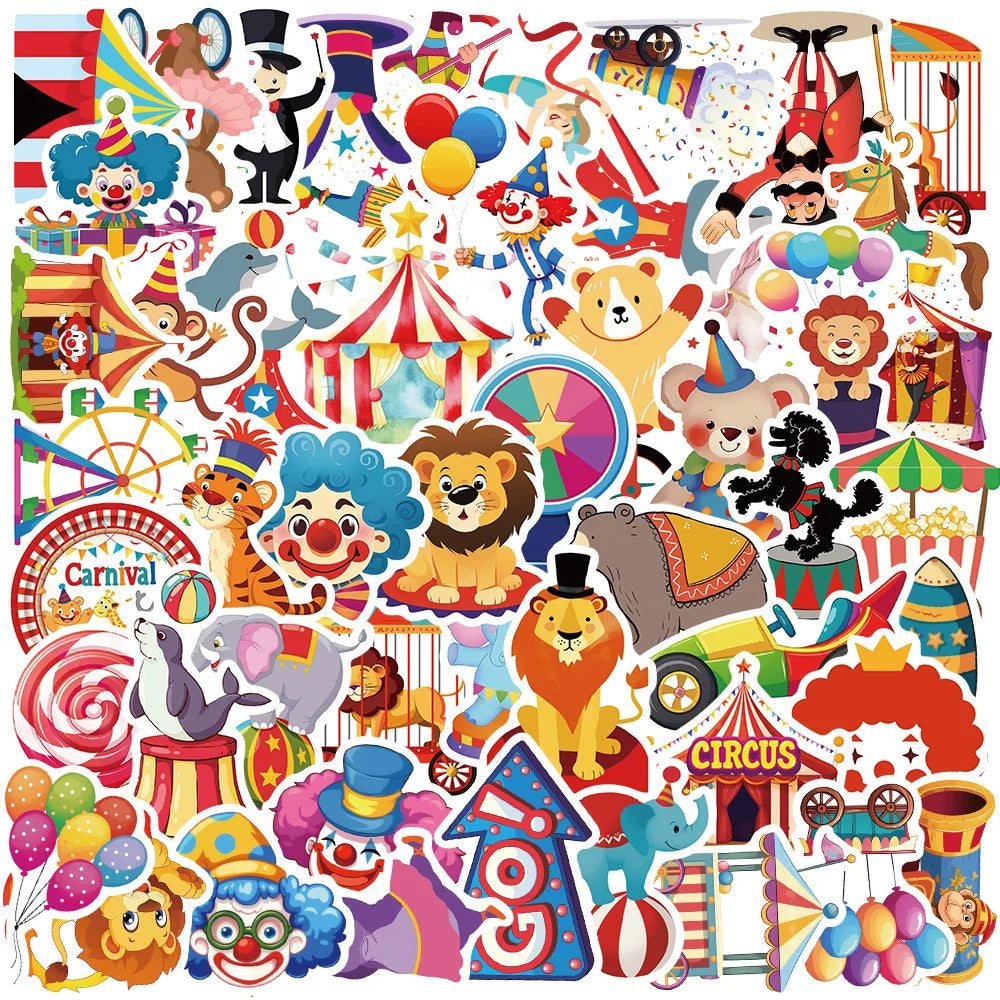 Circus Cartoon Animal Stickers for Luggage, Laptop, Phone, Guitar, Bike, Skateboard (Online Order Only)