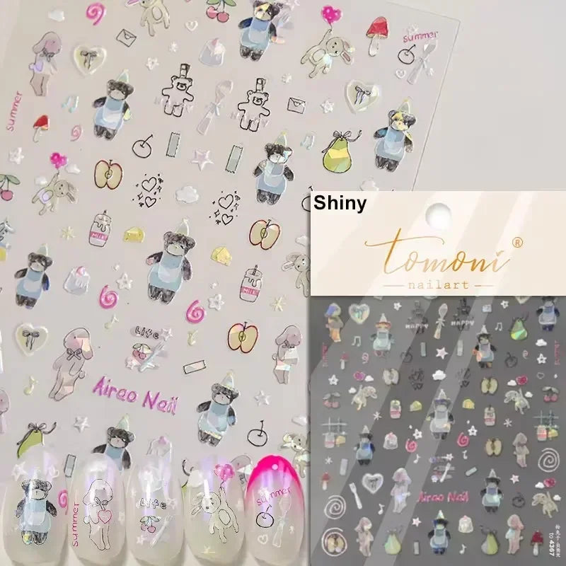 Charming Cherry's Cake Cute Bowknot Pink Blue Bear Flower Bouquet Strawberry Adhesive Nail Art Sticker Rhinestone Manicure Decal (Online Order Only)
