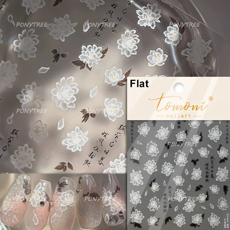 Antique Changle Flower Chrysanthemum Jade Pendant Feathers Green Leaf Adhesive Nail Art Stickers Flat Embossment Manicure Decals (Online Order Only)