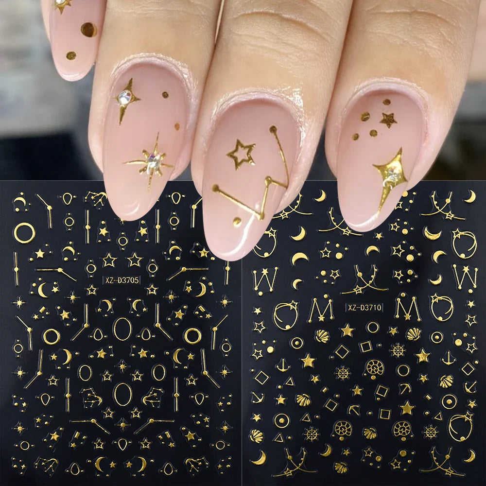 1pc 3D Gradient French Nail Stickers with Crown & Tassel Design Gold Silver Lines Self-Adhesive Nail Art Waterfall Manicure Foil (Online Order Only)
