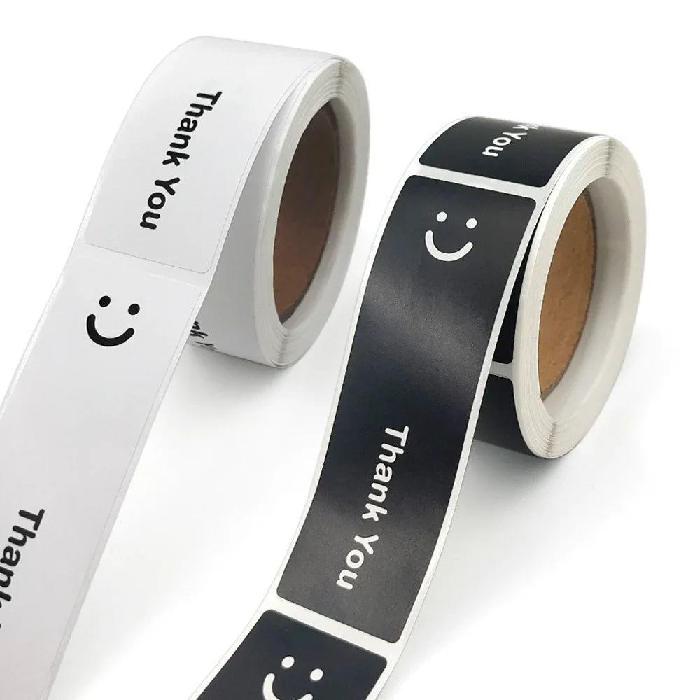 120Pcs/roll Smiling Face Black and White Thank You Rectangular Seal Sticker Gift Sticker for Homemade Packaging Decoration Label (ONLINE ORDER ONLY)