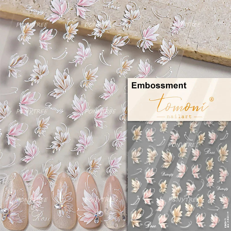 Gradual Asymmetric Butterfly Rose Flower Moon Ancient Poem 5D Reliefs Self Adhesive Nail Stickers JellyManicure Decals Wholesale (Online Order Only)