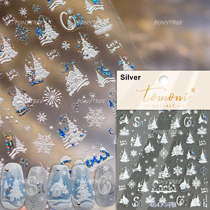 Snowman Tree House Cedar White Pine Forest Warm Winter Cloud Self Adhesive Nail Art Stickers Snowflake Star Snow Manicure Decals (ONLINE ORDER ONLY)