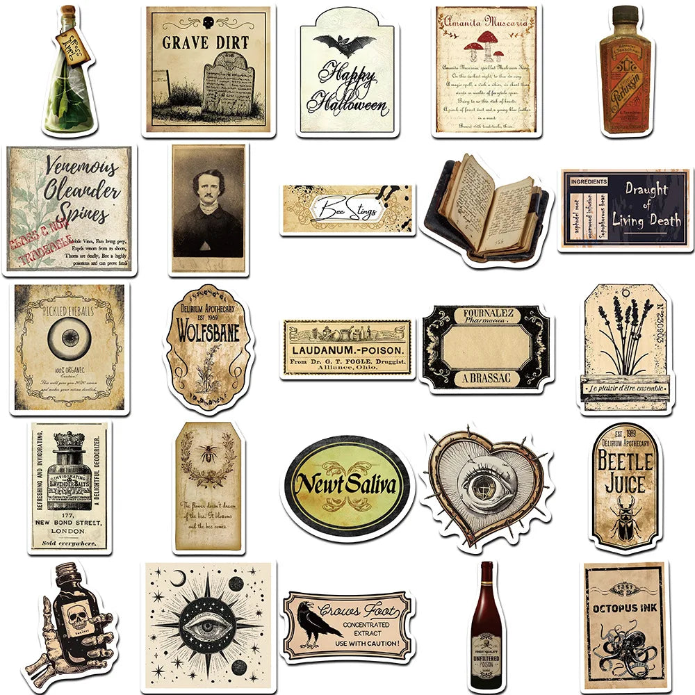 10/30/50PCS Vintage Horror Poison Label Stickers Gothic Pharmacist Decals Waterproof Graffiti Toys DIY Skateboard Scrapbook Bike (ONLINE ORDER ONLY)