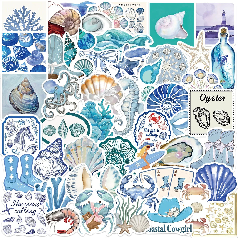 50PCS The Coastal Girl Stickers Skateboard Notebook Luggage Phone Car Sticker Toy Kawaii Cartoon Shell Crab Shrimp Decals (ONLINE ORDER ONLY)
