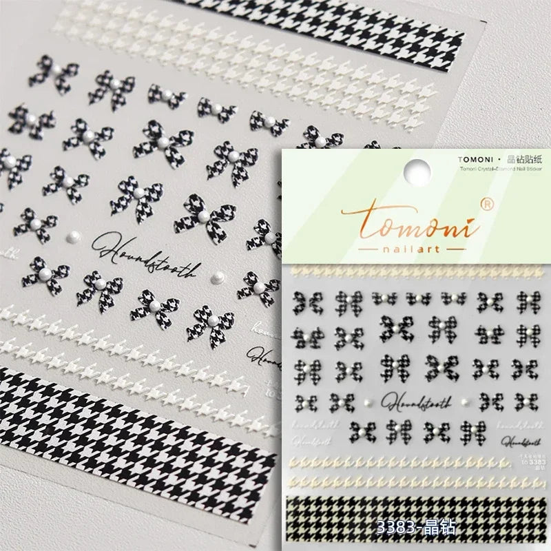 French Style Colorful Square Grid Rhombus Stripe Bowknot Line 3D Self Adhesive Nail Art Stickers Shiny Rhinestone Manicure Decal (Online Order Only)