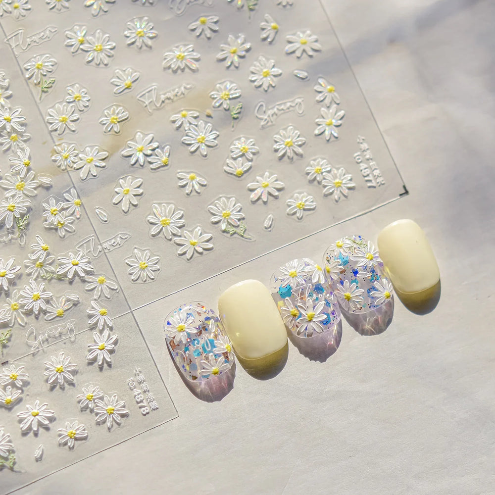 Cute Beige Yellow Pristine Fresh Daisy Flower 5D Shiny Soft Embossed Relief Charm Self Adhesive Nail Art Stickers Manicure Decal (ONLINE ORDER ONLY)
