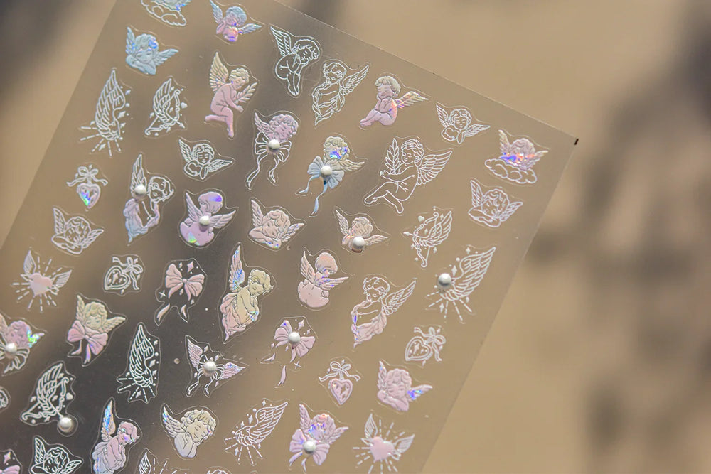 White Pink Baby Child Angel Wing Heart Bowknot Leaves Key Star Cupid's Arrow Archery Adhesive Nail Art Stickers Manicure Decals (ONLINE ORDER ONLY)