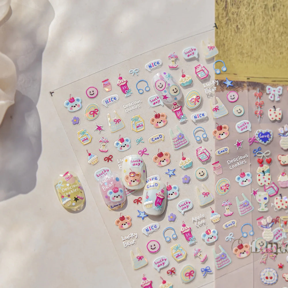 Cute Lucky Bear Apple Core Star Bowknot Flower Delicious Cookies Cherry Cake Dessert Milk Vase Adhesive Nail Art Stickers Decals (ONLINE ORDER ONLY)