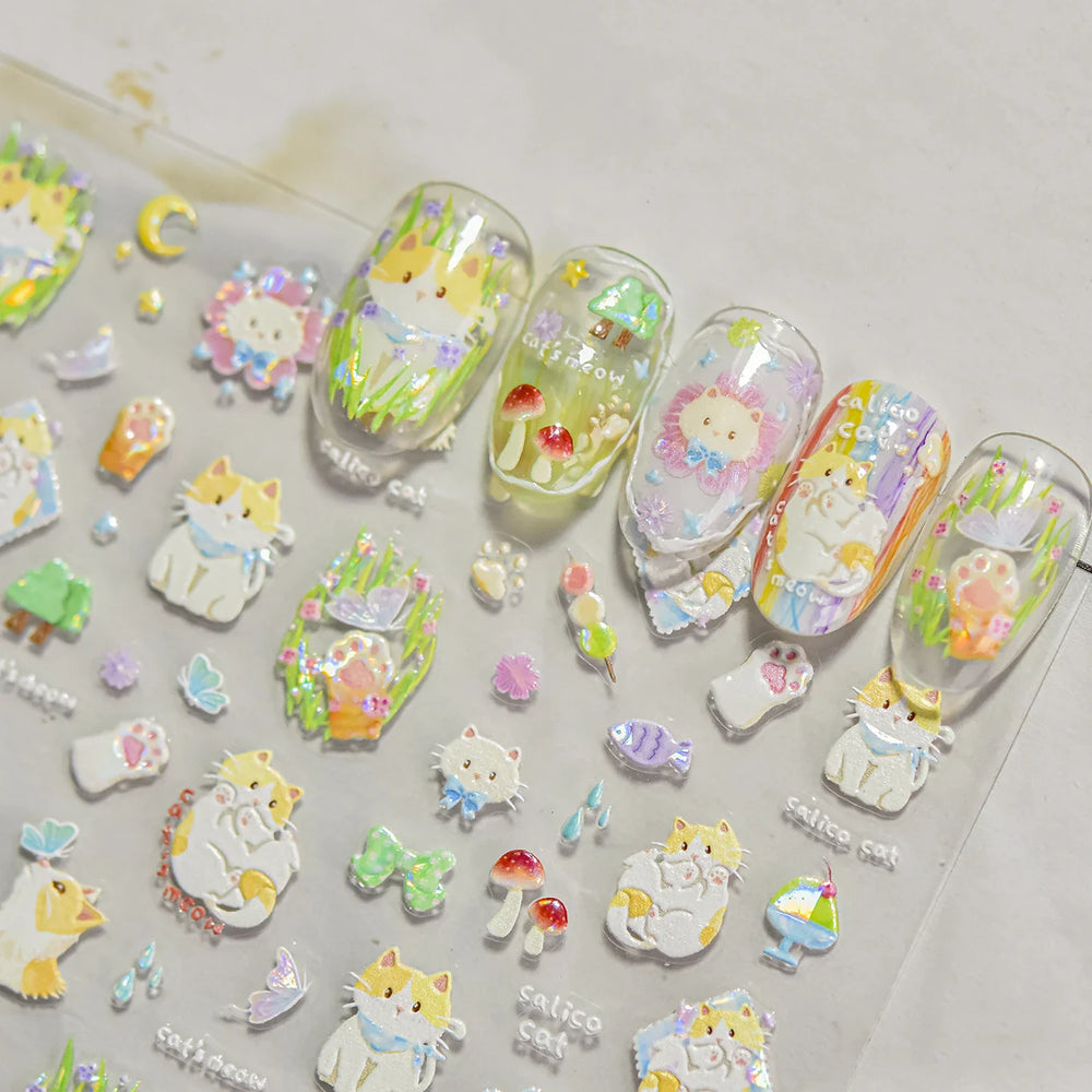 Picnic Cat Kitten Bowknot Flower Fish Butterfly Tree Mushroom Star Moon Cat's Paw Adhesive Nail Art Sticker Cute Manicure Decals (Online Order Only)