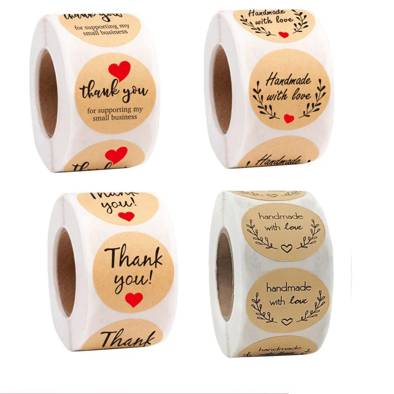 50-500pcs Round Natural Kraft Handmade Heart Thank You Stickers Scrapbooking For Gift Baking Package Adhesive Sticker Seal Label (Online Order Only)