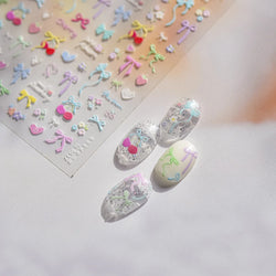 Doodle Pink Blue Ribbon Bowknot Flower Cherry Strawberry Graffiti Love Heart Delicate Embossed Nail Art Sticker Manicure Decals (ONLINE ORDER ONLY)
