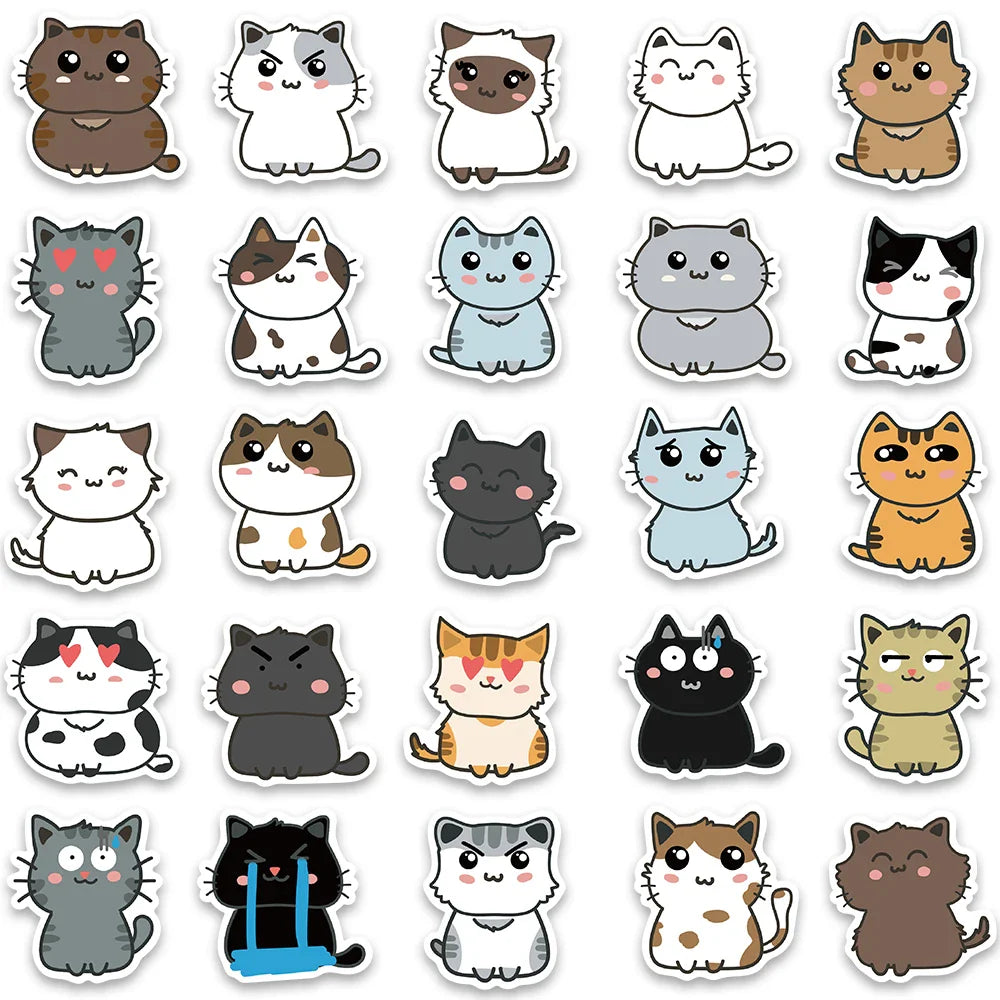 50pcs Funny Cute Cartoon Cats Meme Stickers Vinyl Laptop Phone Decals For Luggage Guitar Stationery Waterproof Graffiti Toy (ONLINE ORDER ONLY)