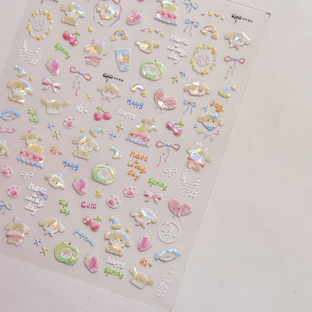 Small Animals Meeting Dog Cat Kitten Bowknot Cherry Butterfly Wreath Paw Star Hat Self Adhesive Nail Art Stickers Manicure Decal (ONLINE ORDER ONLY)