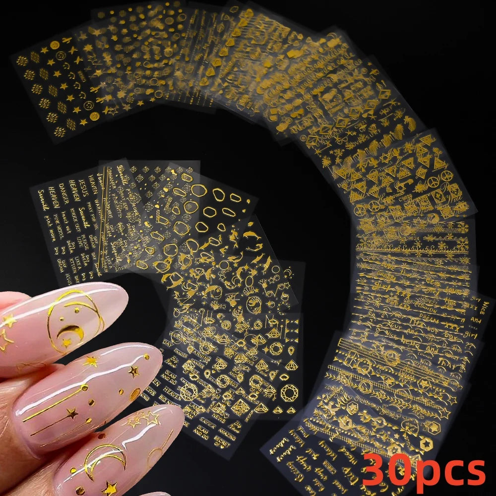 30Pcs/Set Red Golden 3D Nail Art Sticker Hot Stamping Hollow Decals Mixed Designs Adhesive Flower Nail Tips Letter Butterfly Set (Online Order Only)