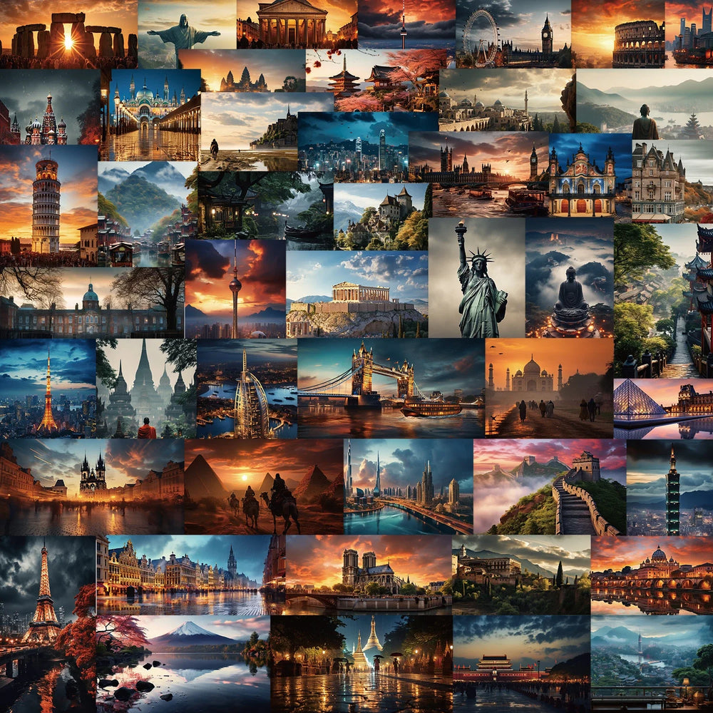 50pcs Cartoon Aesthetic World City Landmarks Stickers Vintage Travel Landmark Scenery Decals Graffiti DIY Suitcase Sticker (ONLINE ORDER ONLY)