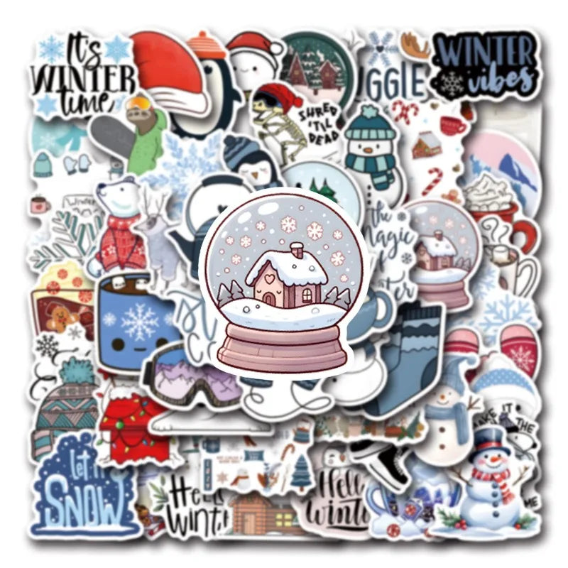 55pcs Cartoon Winter Graffiti Stickers for Laptop, Phone, Scooter, Water Bottle, Suitcase, Refrigerator, Stationery (Online Order Only)