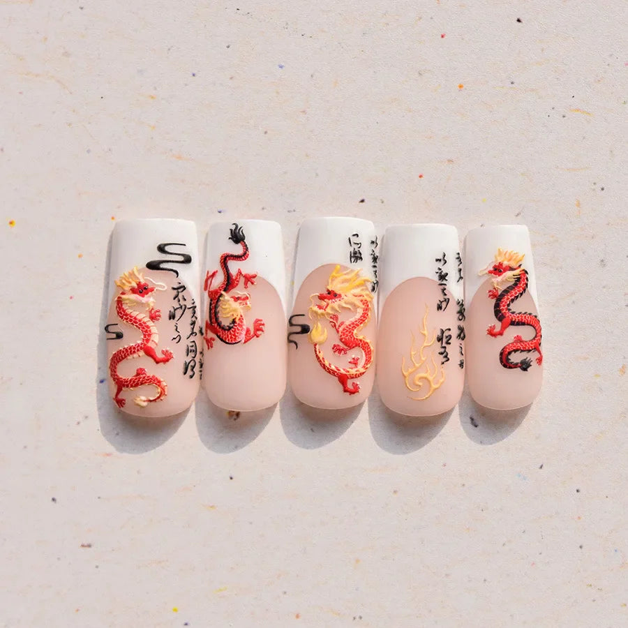 Retro Embroidered Dragon Red Pink Blue White Porcelain Chinese 3D Embossed Relief Self Adhesive Nail Art Stickers Manicure Decal (ONLINE ORDER ONLY)