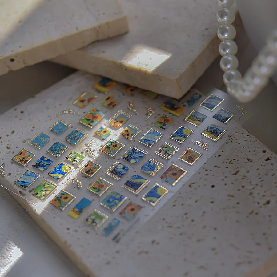 Hot Stamping Colourful Sunflower Starry Night Impressionism Embossment Adhesive Nail Art Sticker Shiny Rhinestone Manicure Decal (Online Order Only)