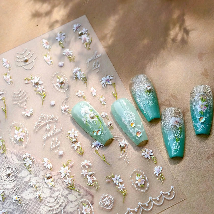 Spotless Lily Lilium Flowers Moon Pearl Crown Lily-white Pearl Necklace Pendant Self Adhesive Nail Art Stickers Manicure Decals (Online Order Only)