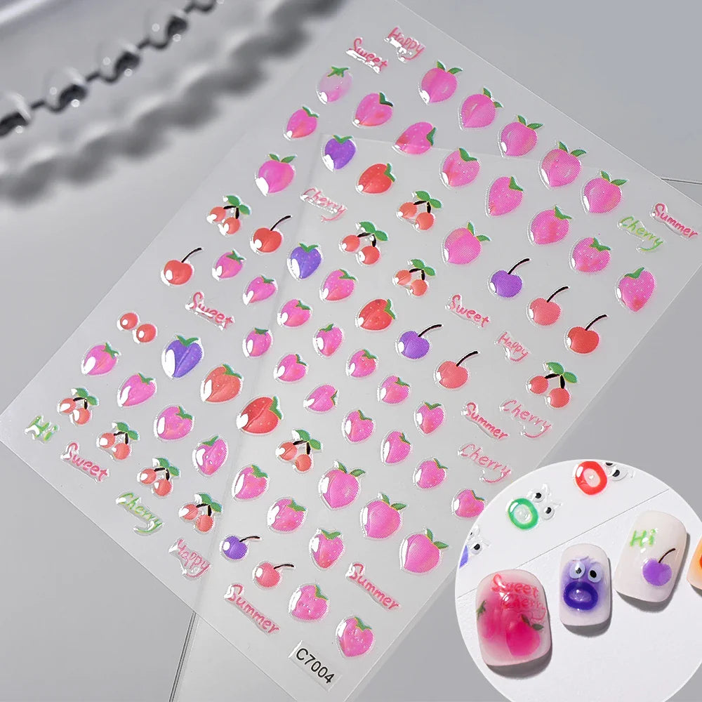 1Pc Sweet Cute Fresh Red Cherry Pattern Nail Stickers Self Adhesive Fruit Design Decals Women & Girls Homemade Manicure Supplies (ONLINE ORDER ONLY)