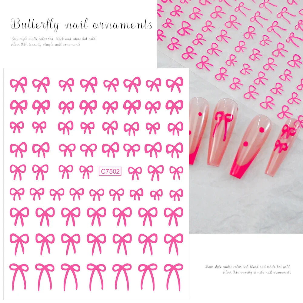 6pcs/Set Lovely Line Bowknot Nail Sticker Gold Silver Black White Pink Red Bow Tie Mini Bowknot 3D Self Adhesive Manicure Decals (ONLINE ORDER ONLY)