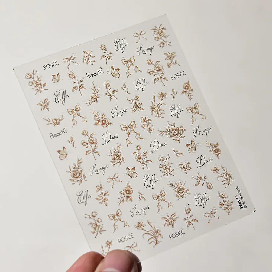 Brown Blue White Hand Drawn Sketch Plants Leaves Bowknot Butterfly Flowers Adhesive Nail Art Decoration Stickers Manicure Decals (Online Order Only)