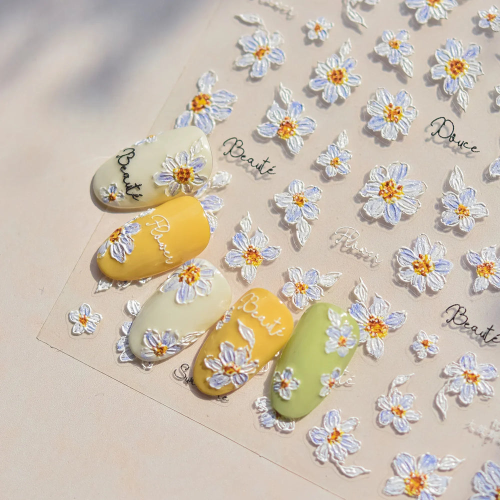 Flowers in Bloom Cosmos Chrysanthemum Daisy White Petal Yellow Stamen Self Adhesive Nail Art Decorations Sticker Manicure Decals (ONLINE ORDER ONLY)