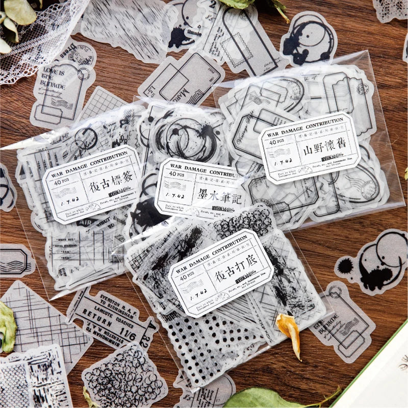 Yoofun 40pcs Retro Black & White Transparent Stickers for Journals & Scrapbooking (Online Order Only)