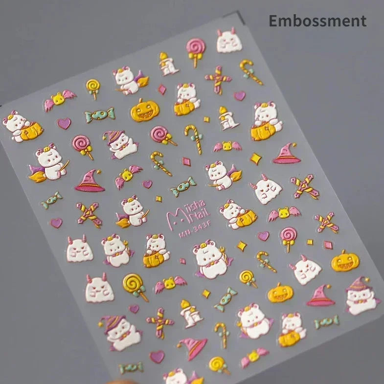 Cat Eye Halloween Terror Spider Cross Rose Love Heart Flower Snake Web Candy Bunny Thrilling Nail Art Stickers Manicure Decals (Online Order Only)