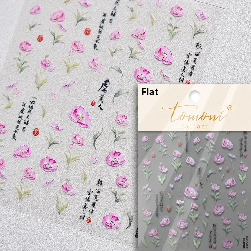 Gradient Coloredful Flower Petal Green Leaf Dreamy Shiny Chinese Rose Fantasy Relief Adhesive Nail Art Stickers Manicure Decals (Online Order Only)